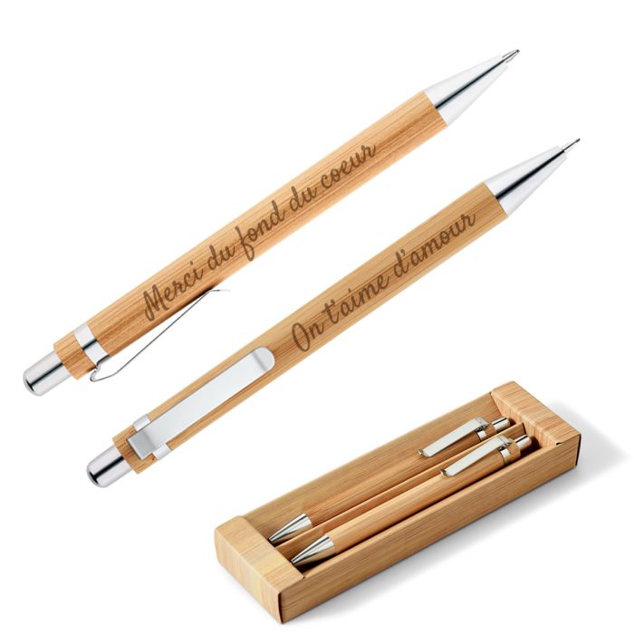 Parure gravée bambou stylo-bille porte-mine