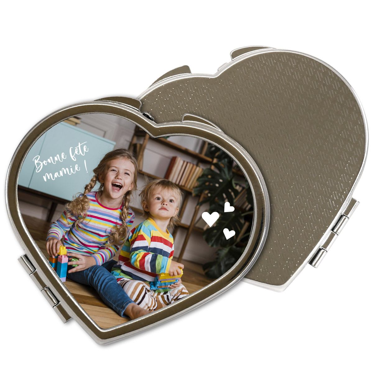 miroir de poche en métal personnalise d'une photo des petits enfants pour la fête des grands-mères